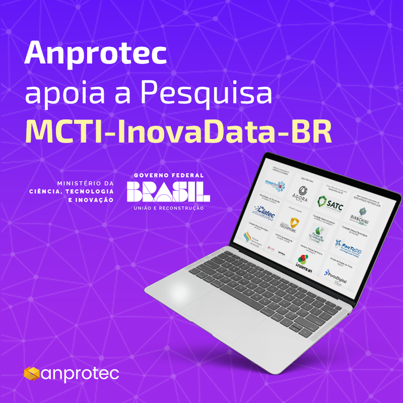 Card de divulgação do apoio da Anprotec a InovaData-BR. Com o texto "Anprotec apoia a Pesquisa MCTI-InovaData-BR"