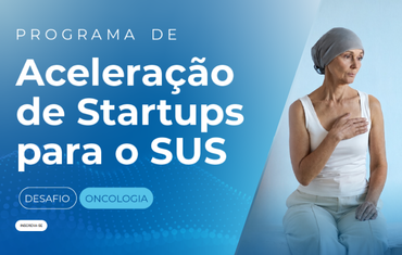 Imagem com fundo azul e o escrito "Programa de Aceleração de Startups para o SUS"
